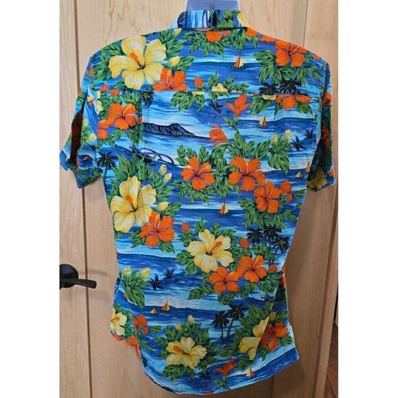 Hawaiian Floral Short Sleeve Shirt Squish Wear 100% Cotton L Blue Orange Yellow - Picture 3 of 5